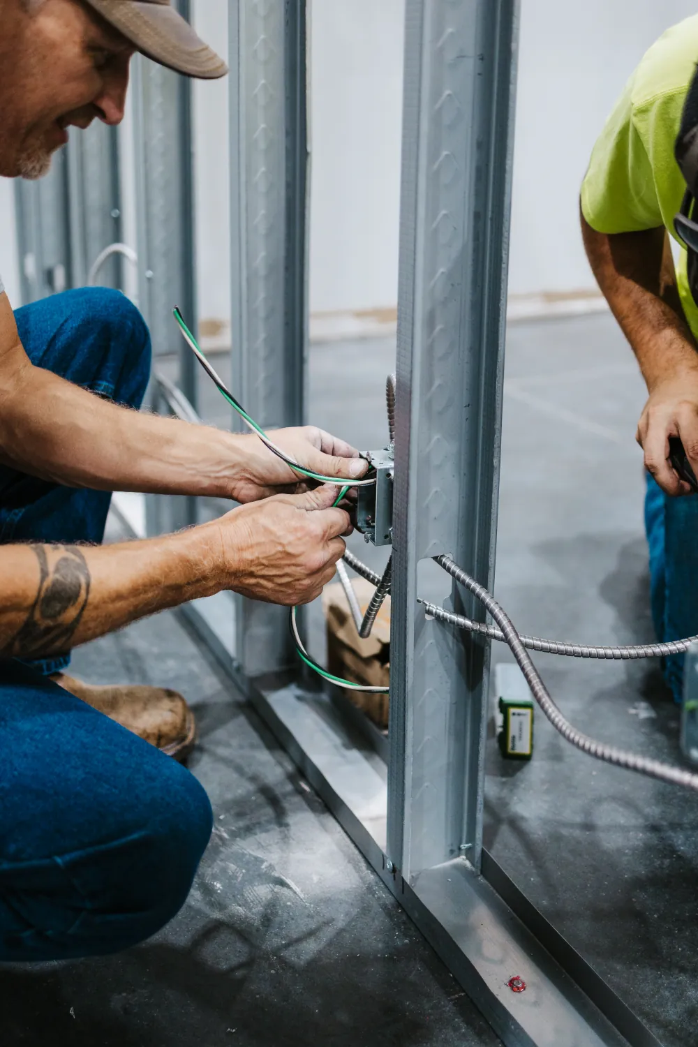 A Midway Electric electrician installing an outlet during a rough-in
