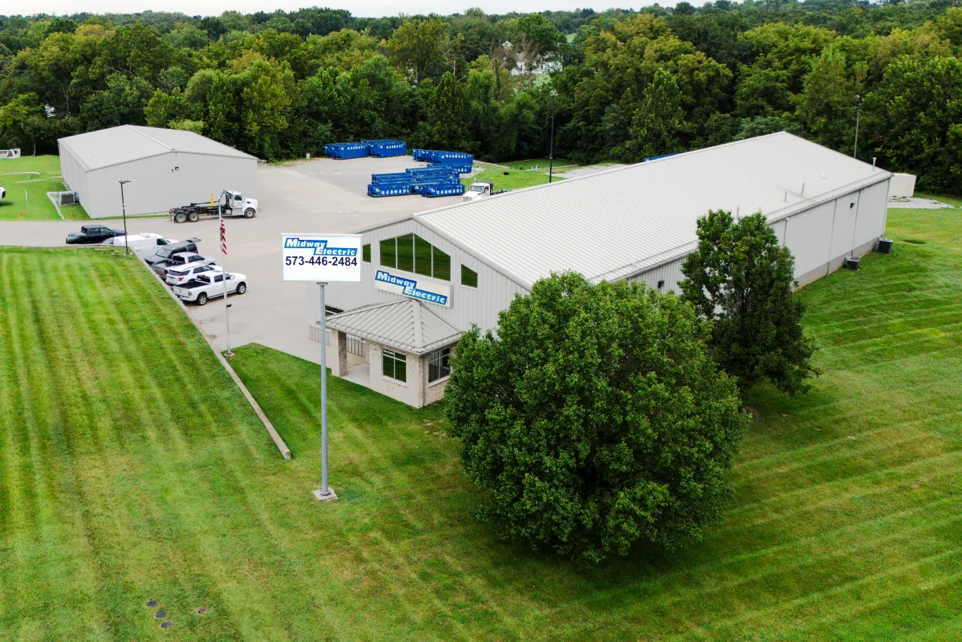 Aerial view of the Midway Electric shop and service fleet in Columbia, Missouri
